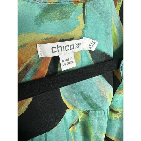Chico's Blouse Womens 3.5 US 18 Black Teal Floral Sheer Boho Long Sleeve Peasant - Picture 2 of 6